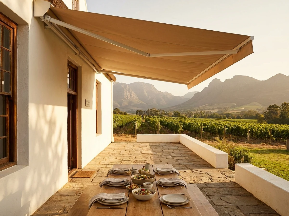Folding-arm fabric awning extended over a stone stoep of a Cape Dutch farmhouse near Wellington with vineyards beyond