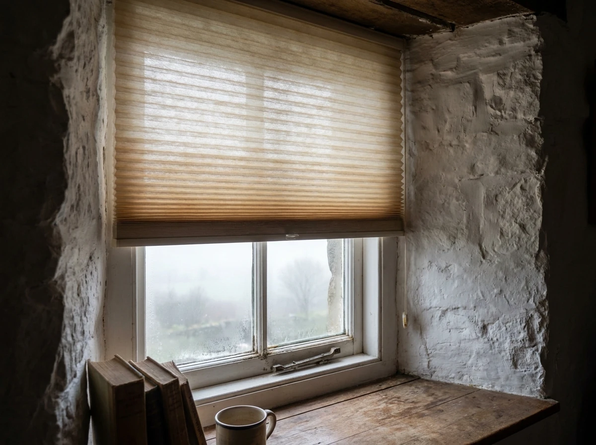 Cellular honeycomb blind with visible hexagonal cells lowered over a window in an old Wellington farmhouse study