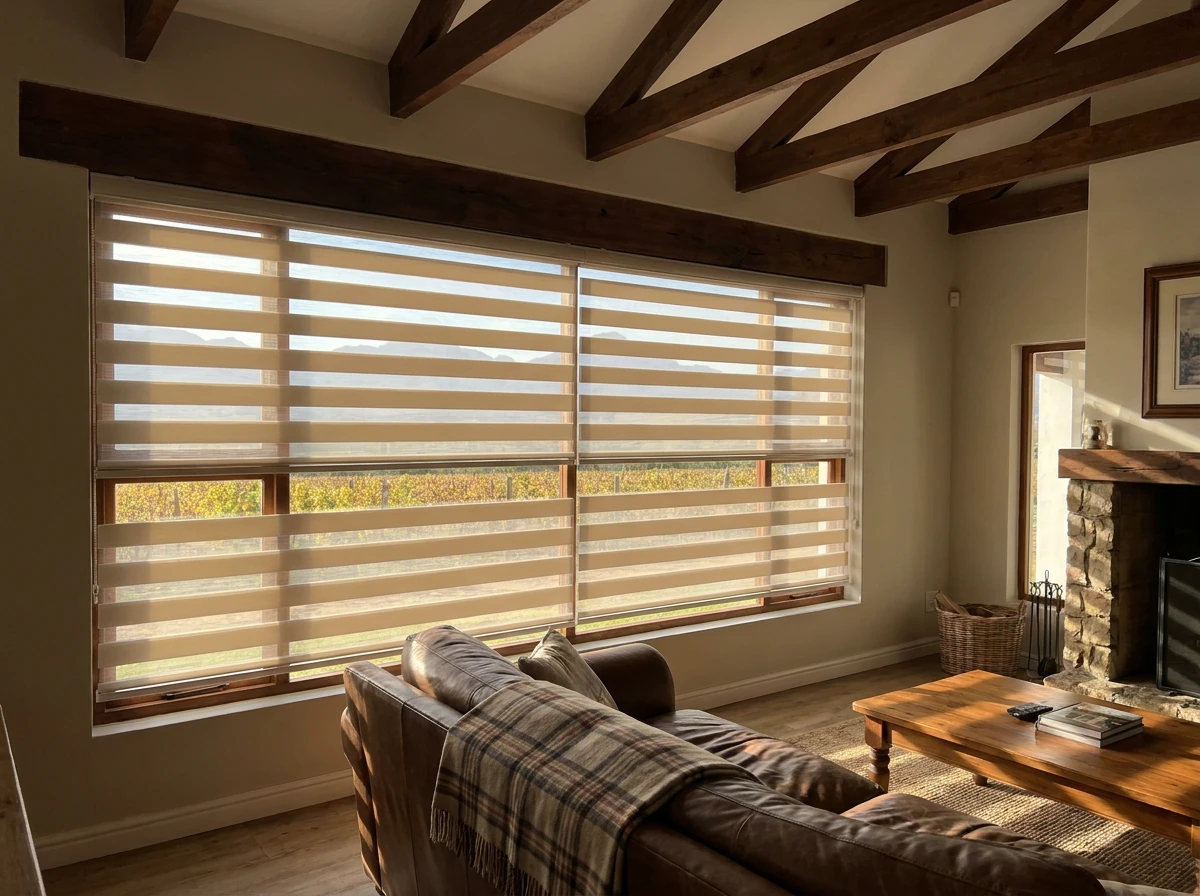 Day-night zebra blind with alternating sheer and solid bands in a Wellington farmhouse living room overlooking vineyards