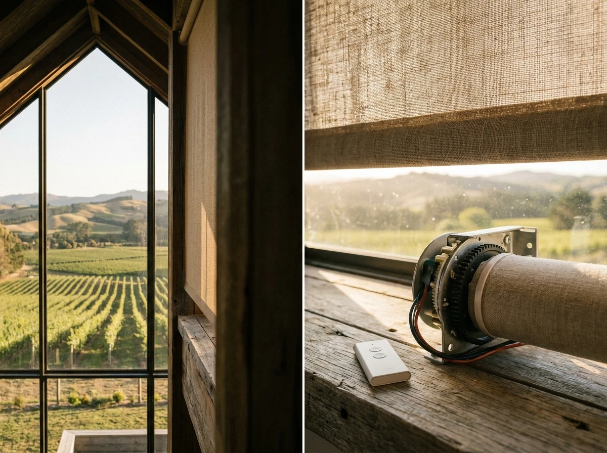 Motorised roller blind tube mechanism with a remote control beside a tall gable window in a Wellington farmhouse loft
