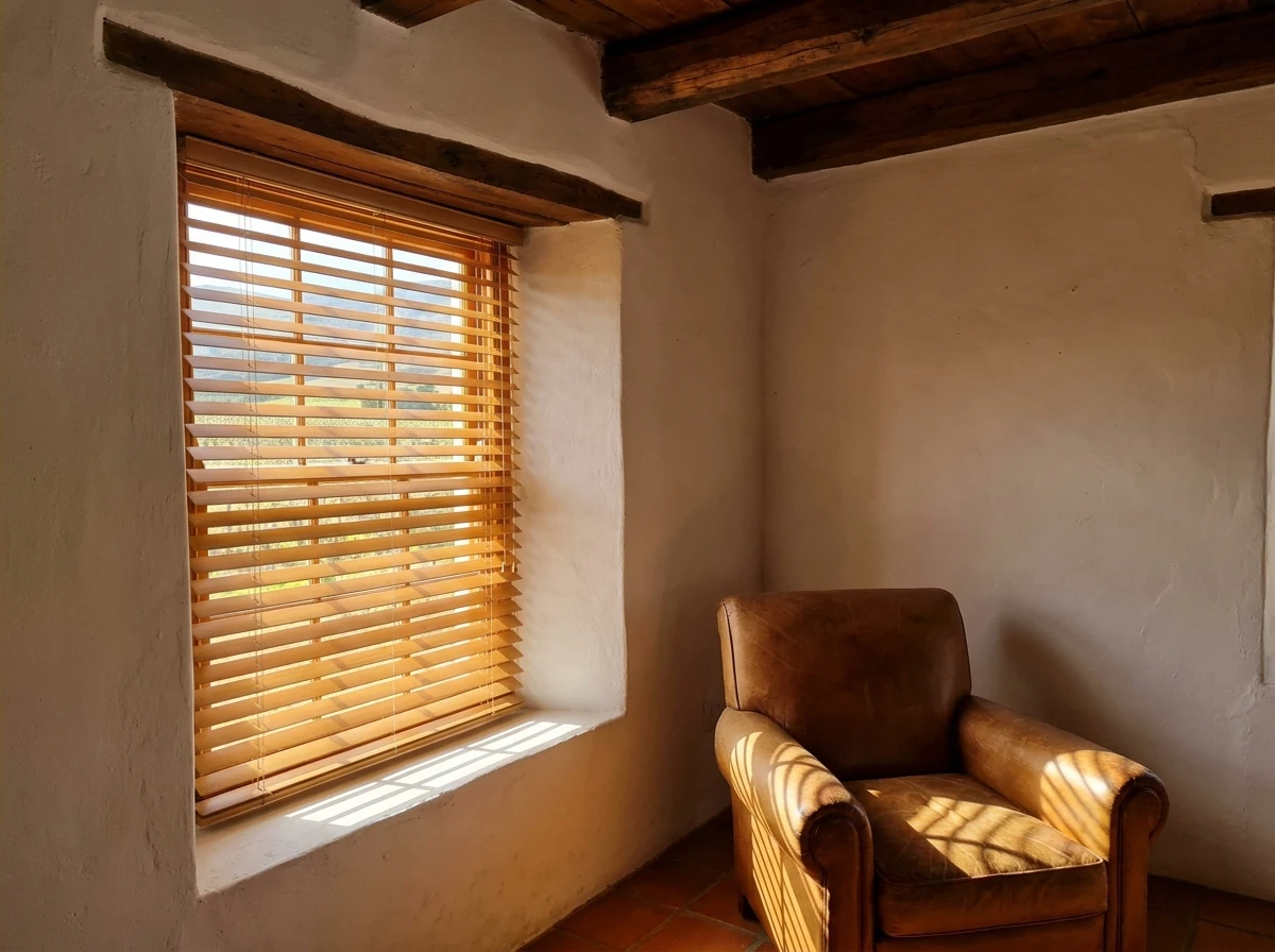 Wide timber venetian blind slats in a deep sash-window reveal of a historic Cape Dutch farmhouse near Wellington