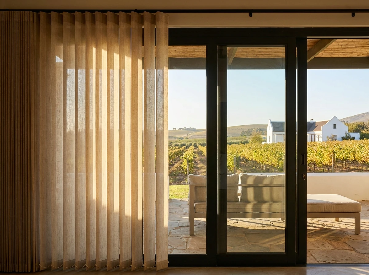 Vertical blind vanes beside a sliding glass door onto a Wellington vineyard from a Cape Dutch farmhouse patio