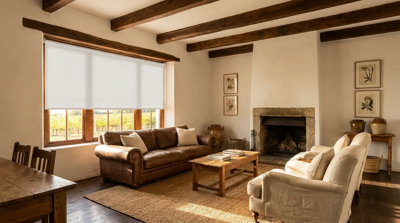 Cape Dutch farmhouse living room in Wellington with a flat white roller blind lowered over the vineyard-facing window, leather sofa and exposed wooden beams