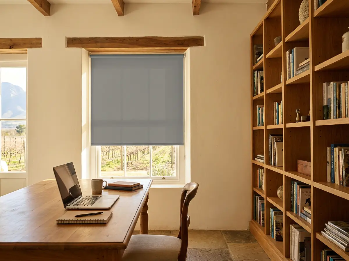Wellington farmhouse study with a grey flat roller blind lowered low over a vineyard view, a sliver of vine rows visible beneath the hem, oak desk and built-in bookshelves